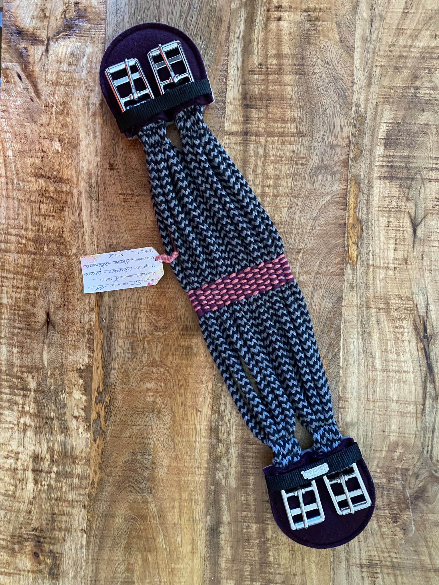 Kurzgurt Baumwolle Grau-Schwarz/Beere Edelstahlschnallen 55cm/ 11cm